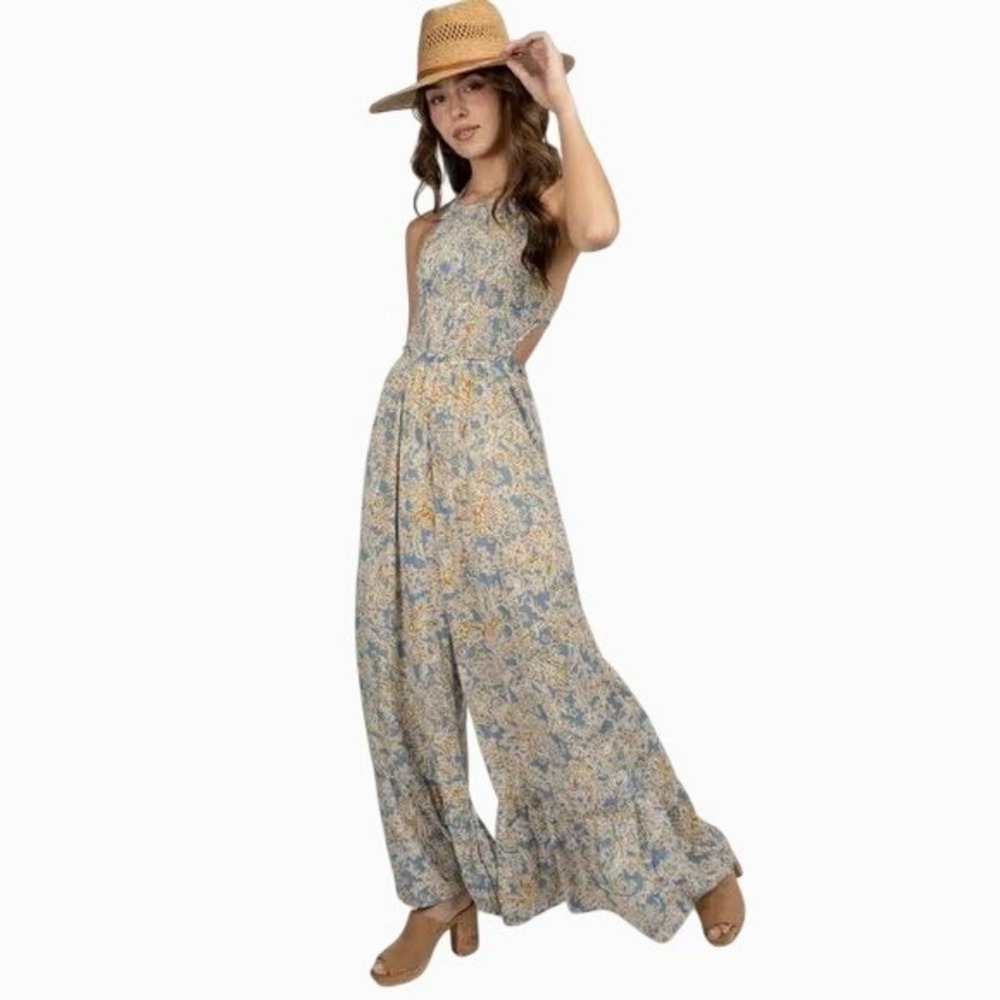 Lilyful Blue Gold Floral Paisley Halter Open Back Wide Leg Jumpsuit Large